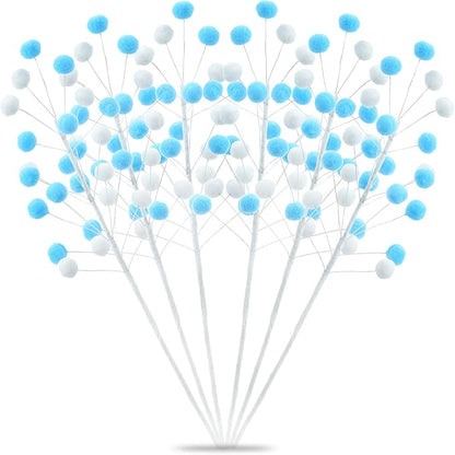6 Pcs Blue White Pom Poms Christmas Decorations & Felt Christmas Picks and Sprays DIY Xmas Tree Toppers, Festive Tree Filler & Decor (BlueWhite)