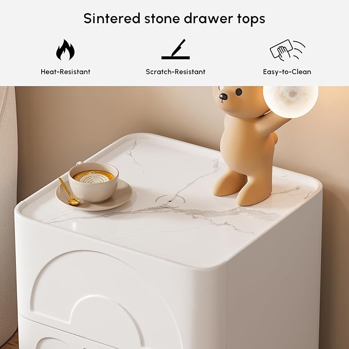 homary Modern White Nightstand with 2 Drawers, Wireless Charging and Sintered Stone Top, Smart Bedside Table for Bedroom Living Room