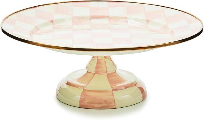 MACKENZIE-CHILDS Enamel Pedestal Platter, Round Cake Stand, Small, Pink-and-White Rosy Check