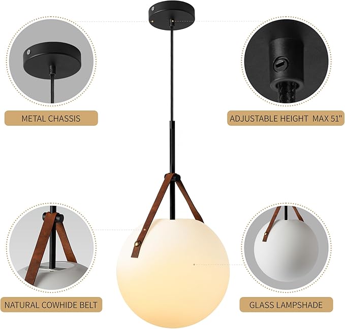 Aisilan Globe Pendant Light, White Opal 9.6” Glass Pendant Light with 5W E26 Blub, Mid Century Adjustable Hanging Light Fixture for Kitchen Island, Globe Chandelier for Dining Room Bedroom