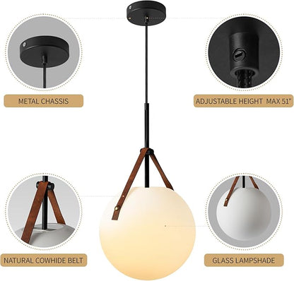 Aisilan Globe Pendant Light, White Opal 9.6” Glass Pendant Light with 5W E26 Blub, Mid Century Adjustable Hanging Light Fixture for Kitchen Island, Globe Chandelier for Dining Room Bedroom