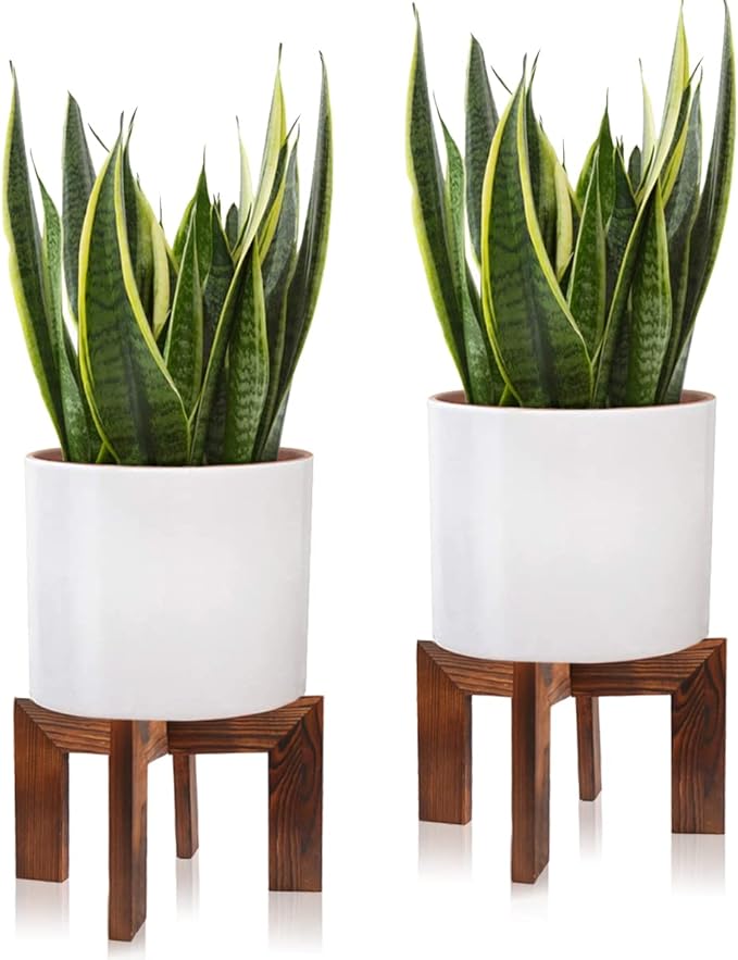 2 Pack Wood Plant Stand, Mid Century Modern Planter Stand Rattan Flower Pot Stand, Low Short Plant Stands Indoor - Boho Rustic Wooden Stool for Plant Pot Holder, Fit 5-15 Inch Pot