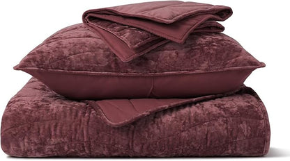 EVERGRACE Luxury Velvet Quilt King Size, Ultra Soft Wave Crushed Velvet Bedding Set, Lightweight Quilted Comforter Set for All Season, Oversized Bedspread Coverlet with 2 Shams, Burgundy