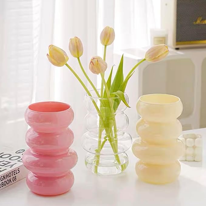 BLOFLO Colored Glass Hydroponic Flower Vase - 7-Inch Milky Yellow Geometric Glass Vase for Modern Home Decor and Office