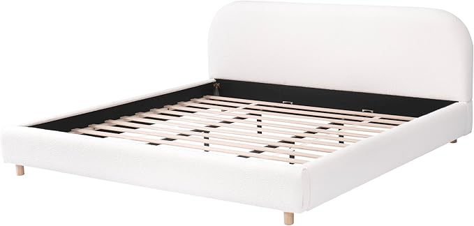 King Size Bed Frame, Upholstered Cloud Boucle Platform Beds Frames with Headboard, Anti-Collision Soft Rounded Corners Footboard, No Box Spring Required, Easy Assembly (35" White, King)