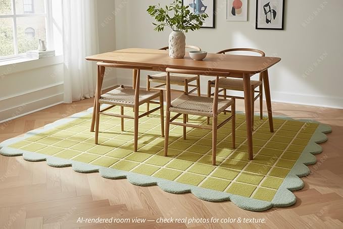 Checkered Wool Area Rug with Scalloped Border, Chartreuse Green & Cream Grid, Hand-Tufted, Soft Cut Pile, Modern Cottagecore Living Room, Bedroom & Nursery Carpet - 6x8 Ft
