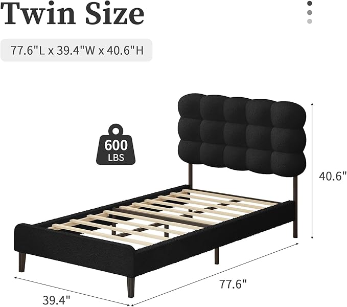 BarnFurin Twin Bed Frame, Platform Bed with Upholstered Headboard, Teddy Soft Boucle Fabric Bed Frame with Wooden Slats Support, Two Bed Forms Design, No Boxing Spring Needed, Easy Assembly, Black