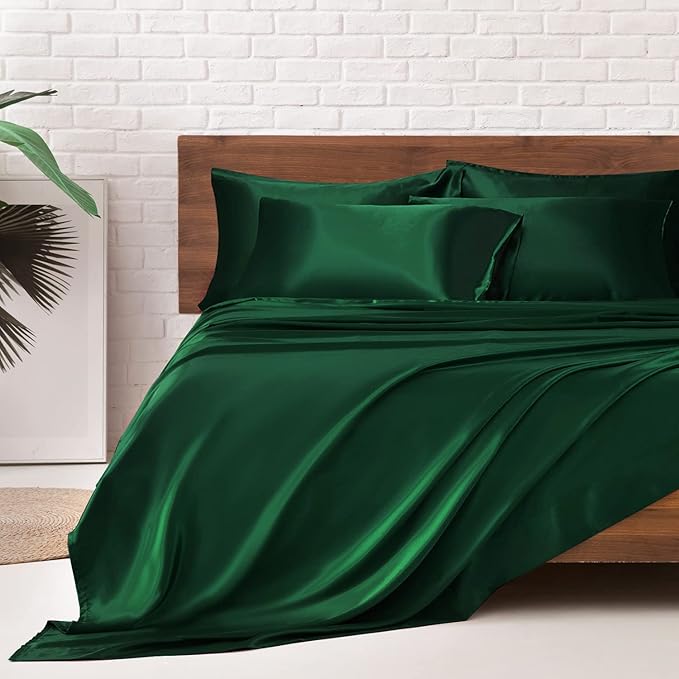 MR&HM Satin Bed Sheets, King Size Sheets Set, 6 Pcs Silky Bedding Set with 15 Inches Deep Pocket for Mattress (King, Dark Green)