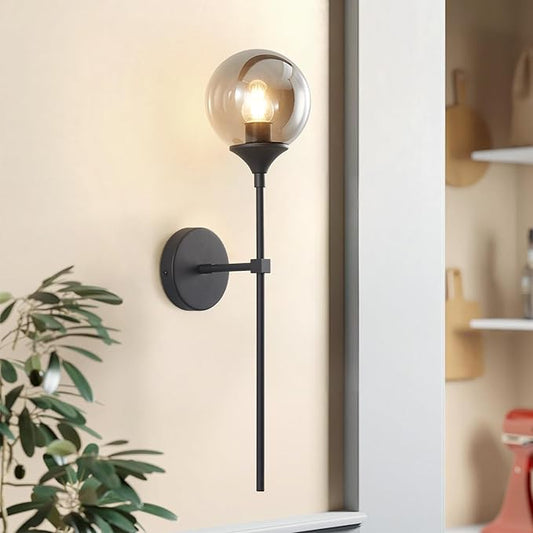 KCO Lighting Modern Smoke Grey Glass Globe Wall Sconce Black Matte Slim Wall Sconce Long Slim Wall Mount Light Vintage Industrial Wall Lamp for Hallway Stairs Bathroom
