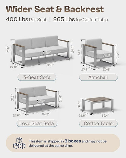 Outdoor Furniture Set, 4 Piece Aluminum Patio Furniture Set with Table, Wide Outdoor Seating and Thick Cushions, Outdoor Patio Conversation Sets for Deck, Porch (LightGray)
