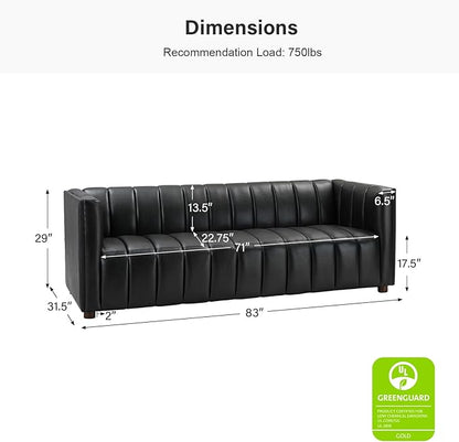 HULALA HOME 83" Genuine Leather Sofa with Channel Tufted Design, 3-Seater Sofa for Living Room Bedroom, Modern Oversized Couch with Wood Legs, Black