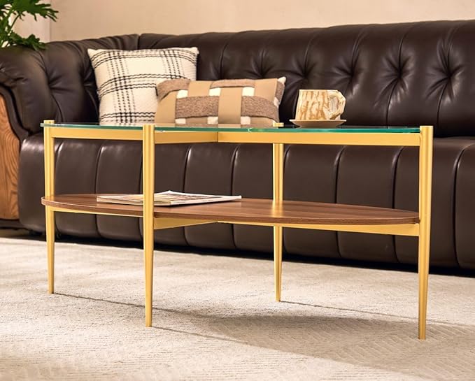 AGV LIGHTING Oval Coffee Table, Mid-Century Modern Coffee Table, Glass Coffee Table, Glod Finish Legs, Thick Tempered Clear Glass Top with Walnut MDF Shelf