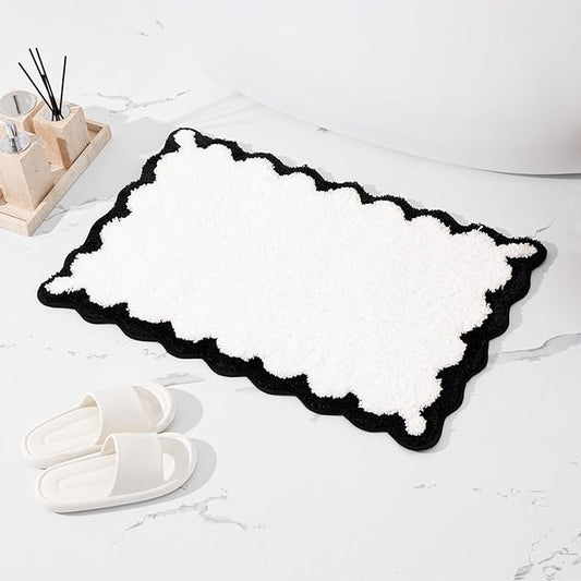 ORTIGIA White Bathmat Non Slip with Black Scallop, Quick Dry Bath Rug Absorbent Soft Plush Microfiber Bath mat for Bathroom Floor for Sink Bedroom, 20x32