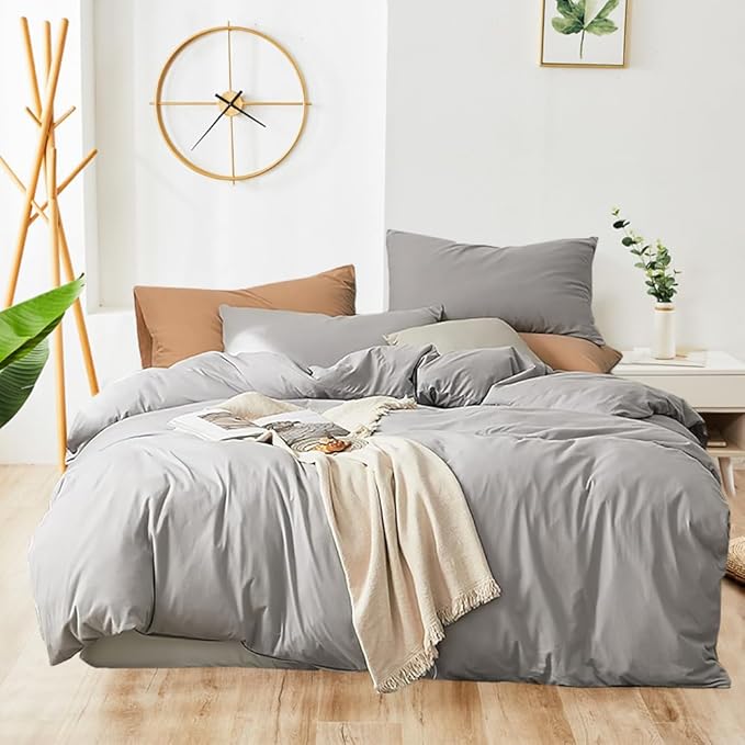 Pureant Silver Grey Comforter Set California King Light Gray Bedding Comforter Sets Cotton for Women Men Solid Bright Grey Comforter Cal King Soft Elegant Grey Comforter All Grey Blanket