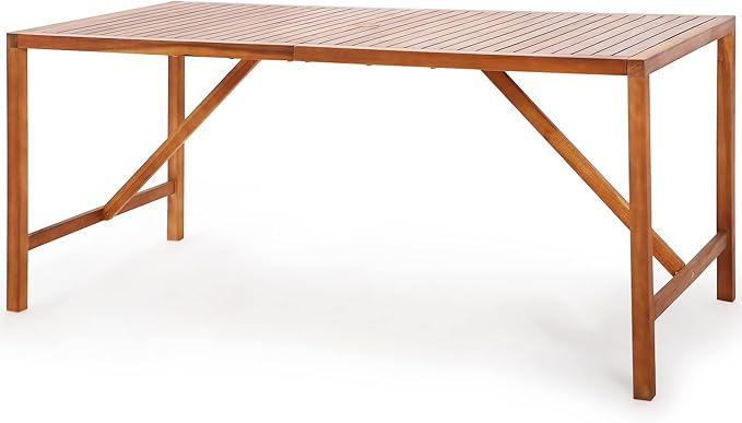 Tangkula Outdoor Rectangle Dining Table, Acacia Wood Table with 2 Inch Umbrella Hole, Spacious Slatted Tabletop for 6 Person, Indoor Outdoor Table for Backyard, Dining Room