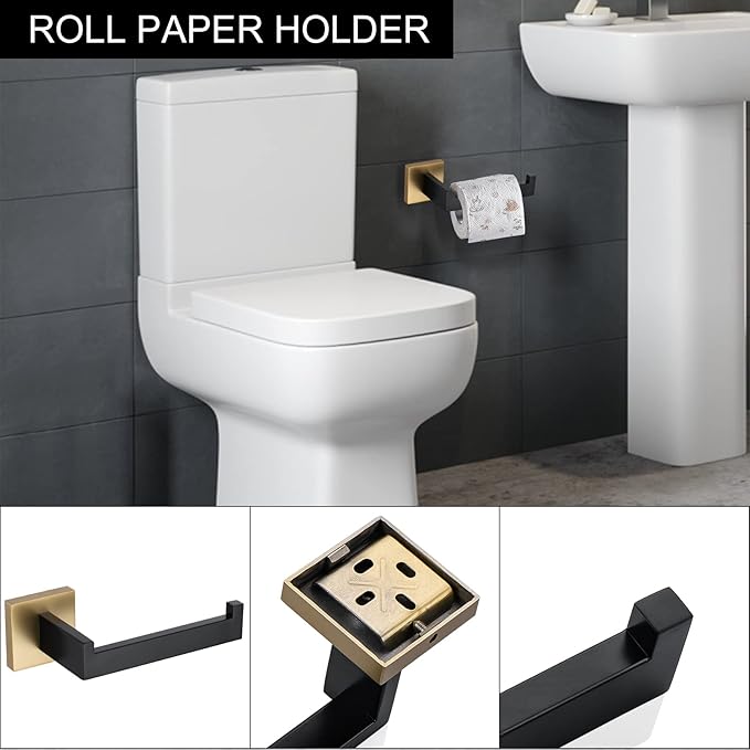 TNOMS 5 Pieces Bathroom Hardware Accessories Set Black and Gold Towel Bar Set,Wall Mounted Stainless Steel,23.6 Inch