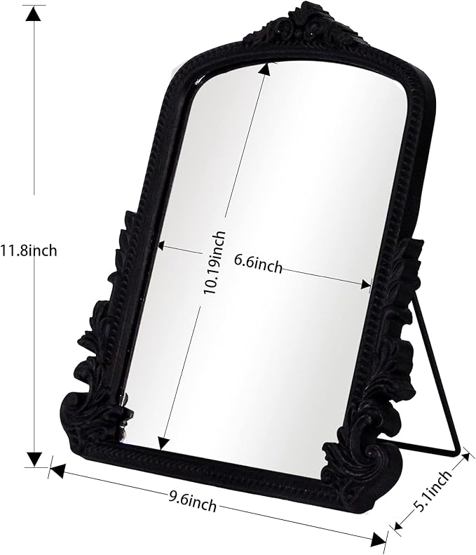 Black Vintage Arched Vanity Mirror, Baroque Tabletop Makeup Mirror, Decorative Antique Mirror for Dresser, Bedroom, Living Room, 11.8" x 9.6"