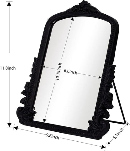 Black Vintage Arched Vanity Mirror, Baroque Tabletop Makeup Mirror, Decorative Antique Mirror for Dresser, Bedroom, Living Room, 11.8" x 9.6"