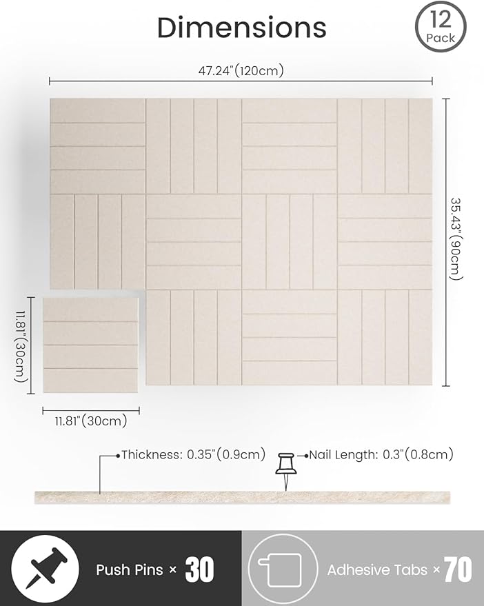 Bumusty Large Cork Board Alternative-47 x35 Felt Bulletin Board Tiles, with 30 Pushpins, 70 Adhesive Tabs, 12-Pack Slat Wall Paneling, Cork Boards for Office Push Pin Board Felt Board-Oatmeal