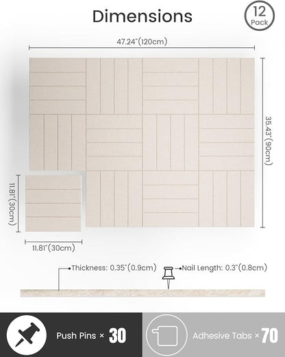 Bumusty Large Cork Board Alternative-47 x35 Felt Bulletin Board Tiles, with 30 Pushpins, 70 Adhesive Tabs, 12-Pack Slat Wall Paneling, Cork Boards for Office Push Pin Board Felt Board-Oatmeal