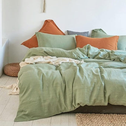 Simple&Opulence 100% Linen Duvet Cover Set 3pcs Natural French Basic Style Washed Flax Solid Color Breathable Soft Farmhouse Bedding with Button Closure (Sage Green, Full)