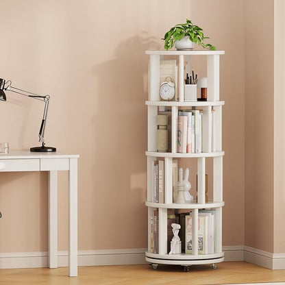 Solid Wood Rotating Bookshelf on Wheels, 4 Tier, Round Revolving Bookcase, 360° Spinning Book Shelf Tower for Kids, Narrow Rolling Bookshelves for Small Space, Corner, Bedroom, Office, White
