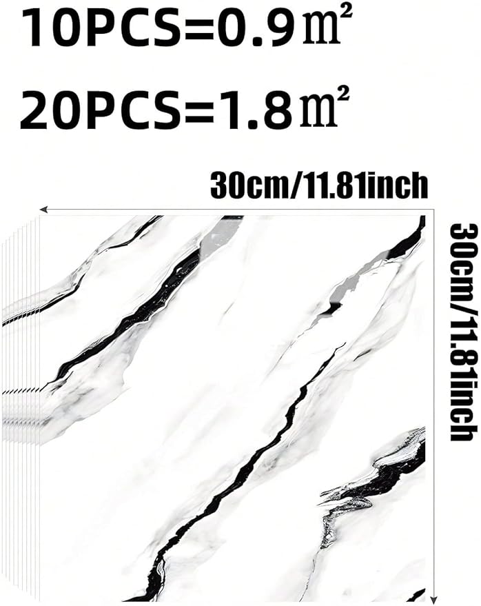10pcs Marble Peel and Stick Backsplash Waterproof Washroom Wall Panels, Peel and Stick Tile, PVC Foam Wall Panels for Kitchen,Bathroom,living room,White and Black(Not Real Tile,11.8" x 11.8")