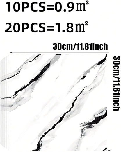 10pcs Marble Peel and Stick Backsplash Waterproof Washroom Wall Panels, Peel and Stick Tile, PVC Foam Wall Panels for Kitchen,Bathroom,living room,White and Black(Not Real Tile,11.8" x 11.8")