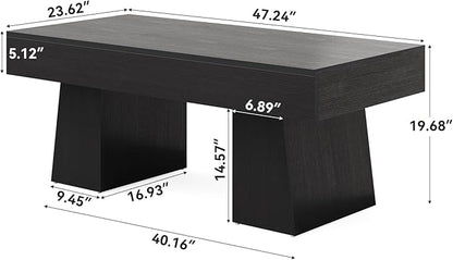 LITTLE TREE Farmhouse Coffee Table, 47 Inches Wooden Rectangular Accent Center Tables with Thick Base, Modern Low Cocktail Tea Furniture for Living Room (Black)