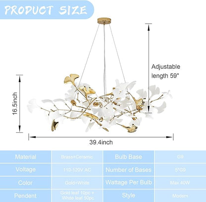 39" Dining Room Modern Leaf Chandelier, Gold Branch Chandeliers with Ceramic Ginkgo Leaves, 5-Light Hanging Brass Pendant Light Fixture for Living Room, Dining Room, Foyer High Ceiling
