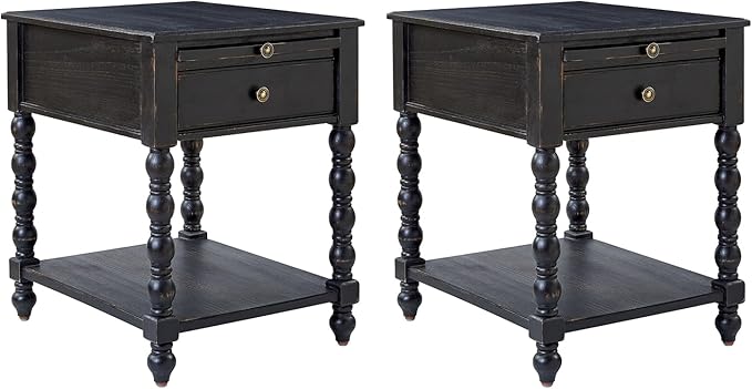 HULALA HOME Spindle Nightstands with Charging Station, Solid Wood Nightstand with Drawer Shelf, Side Table with Pull-Out Shelf (Charcoal)