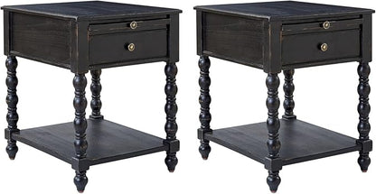 HULALA HOME Spindle Nightstands with Charging Station, Solid Wood Nightstand with Drawer Shelf, Side Table with Pull-Out Shelf (Charcoal)