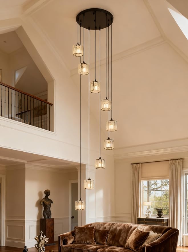 Long Chandeliers for High Ceilings,Modern Crystal Pendant Light,Raindrop Drop Lamp,Hanging Lighting Fixtures for Spiral Staircase,Foyer,Entryway,Living Room,Black (9 Lights)