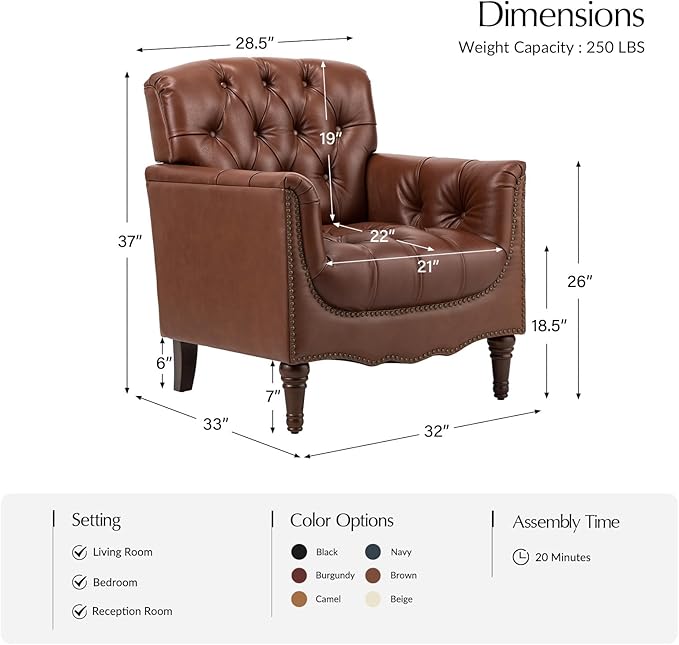 HULALA HOME Mid Century Modern Leather Club Chairs, Top-Grain Genuine Leather Armchairs with Button-Tufted Back & Solid Wood Legs, Accent Chairs for Living Room/Bedroom/Home Office, Brown