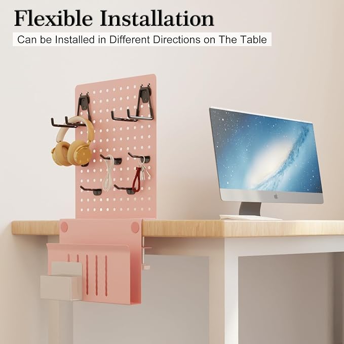 Desk Side Storage with Clamp-on Pegboard,Desk Side Storage,Steel Privacy Panel,No Drill Side Desk Organizer with Pen Holder,Table Side Organizer Laptop Holder for Office and Home (Pink)