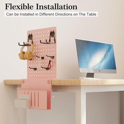 Desk Side Storage with Clamp-on Pegboard,Desk Side Storage,Steel Privacy Panel,No Drill Side Desk Organizer with Pen Holder,Table Side Organizer Laptop Holder for Office and Home (Pink)