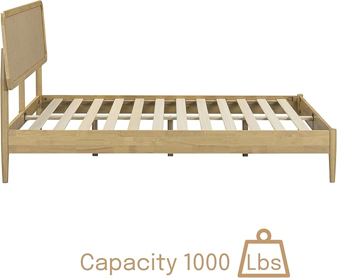 NTC Lupin Wooden Bed Frame with Headboard, Solid Oak and Rubber Wood Foundation with Silent Slats and Wood Central Supports, 1000 Lb Capacity, Queen - Sand