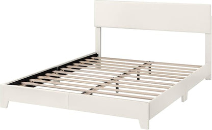 Allewie Queen Size Bed Frame with Adjustable Headboard, Faux Leather Platform Bed with Wood Slats, Heavy Duty Mattress Foundation, No Box Spring Needed, Noise-Free, Easy Assembly, White
