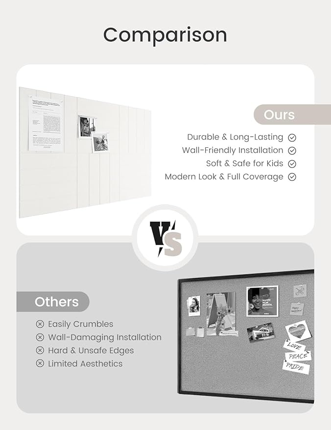 Bumusty Large Cork Board Alternative-36 x24 Felt Bulletin Board Tiles, with 30 Pushpins, 40 Adhesive Tabs, 6-Pack Slat Wall Paneling, Cork Boards for Office Push Pin Board Felt Board-Milky White