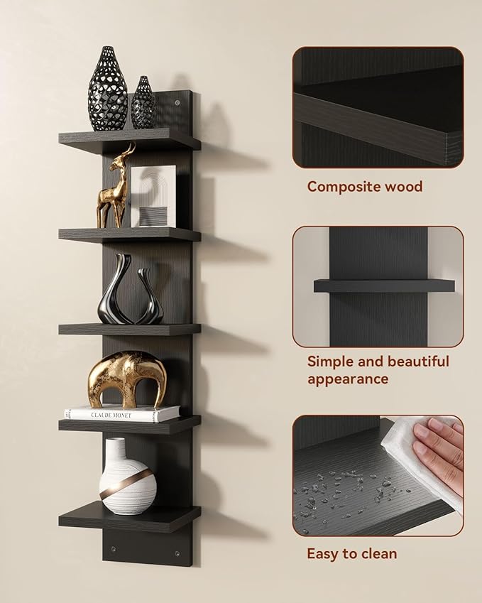 IBUYKE 5 Tier Wall Shelf Unit,Black Vertical Shelf,Floating Storage Wall Shelf,Decorative Wall Mount Vertical Shelving for Home, Bedroom,Living Room,Office Decor WBC009B