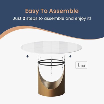 POVISON Round Dining Table for 4-6, 60" Glossy White Sintered Stone Tabletop with Bronze Carbon Steel Pedestal