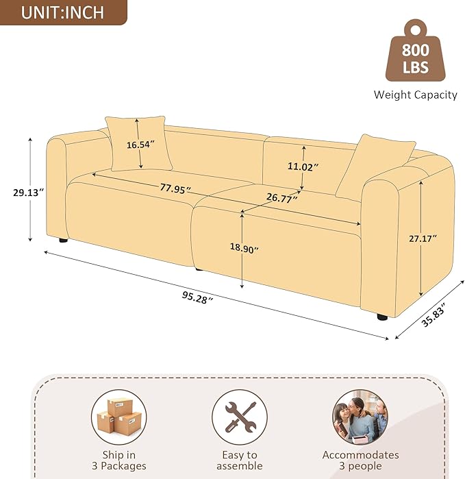 VANOMi 95" Cloud Couch, Comfy Deep Seat Boucle Cloud Sofa, Upholstered 3-Seater Oversized Loveseat Sofa with 2 Pillows, Modern Sofa for Living Room, Bedroom, Office, Apartment (White)