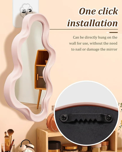 Funky Small Decorative Wall Mirror - Pink Asymmetrical Wavy Design,Hanging Mirror for Bedroom, Bathroom Entryway Modern Irregular Squiggly Shape,Compact Size, Easy Install