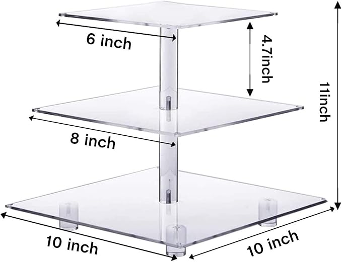 YestBuy 3 Tier Square Cupcake Stand - Premium Cupcake Holder - Acrylic Cupcake Tower Display - 3 Tier Acrylic Display for Pastry + LED Light String - Ideal for Weddings, Birthday Parties( Pink Light)