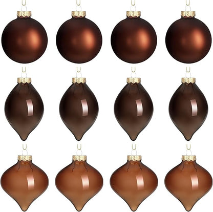 Zomiboo 12 Pcs Brown Glass Christmas Ball Ornaments Set 3.15" Hanging Shatterproof Glass Bulbs for Christmas Tree Baubles Bulk for Holiday Xmas Tree Decorations Gifts