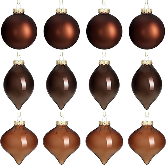 Zomiboo 12 Pcs Brown Glass Christmas Ball Ornaments Set 3.15" Hanging Shatterproof Glass Bulbs for Christmas Tree Baubles Bulk for Holiday Xmas Tree Decorations Gifts