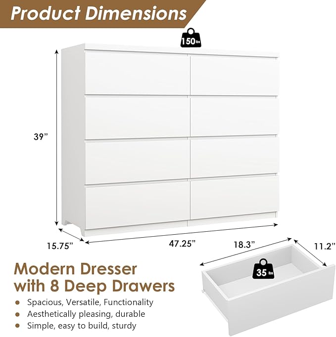 Dresser for Bedroom,Modern Large Wood Dresser,8 Chest of Drawers,Living Room,Hallway,Entryway,TV Stand Drawer Organizer(White)