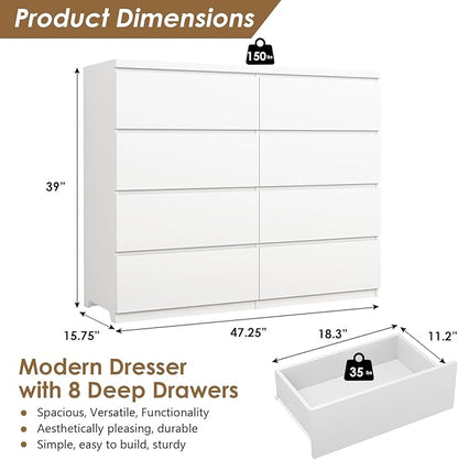 Dresser for Bedroom,Modern Large Wood Dresser,8 Chest of Drawers,Living Room,Hallway,Entryway,TV Stand Drawer Organizer(White)
