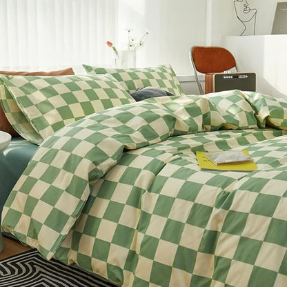 CLOTHKNOW Green White Plaid Comforter Sets California King 3Pcs Grid Bedding Comforter Sets Checker Comforter with 2 x Pillow Cases