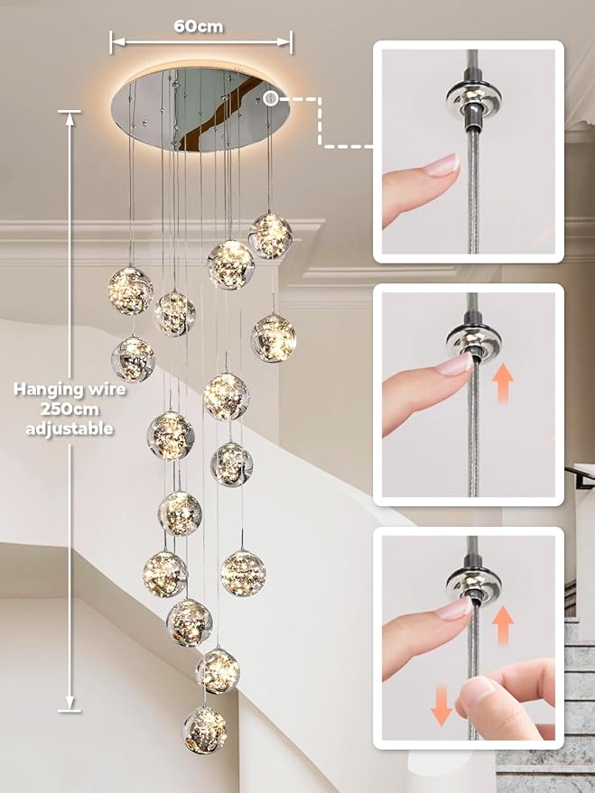 15-Light LED Staircase Chandelier Crystal Ceiling Lights Large Chandeliers for High Ceilings, Entryway Modern Lighting Fixture Villas and Stairs, Adjustable Length 23" W x100 H,75W
